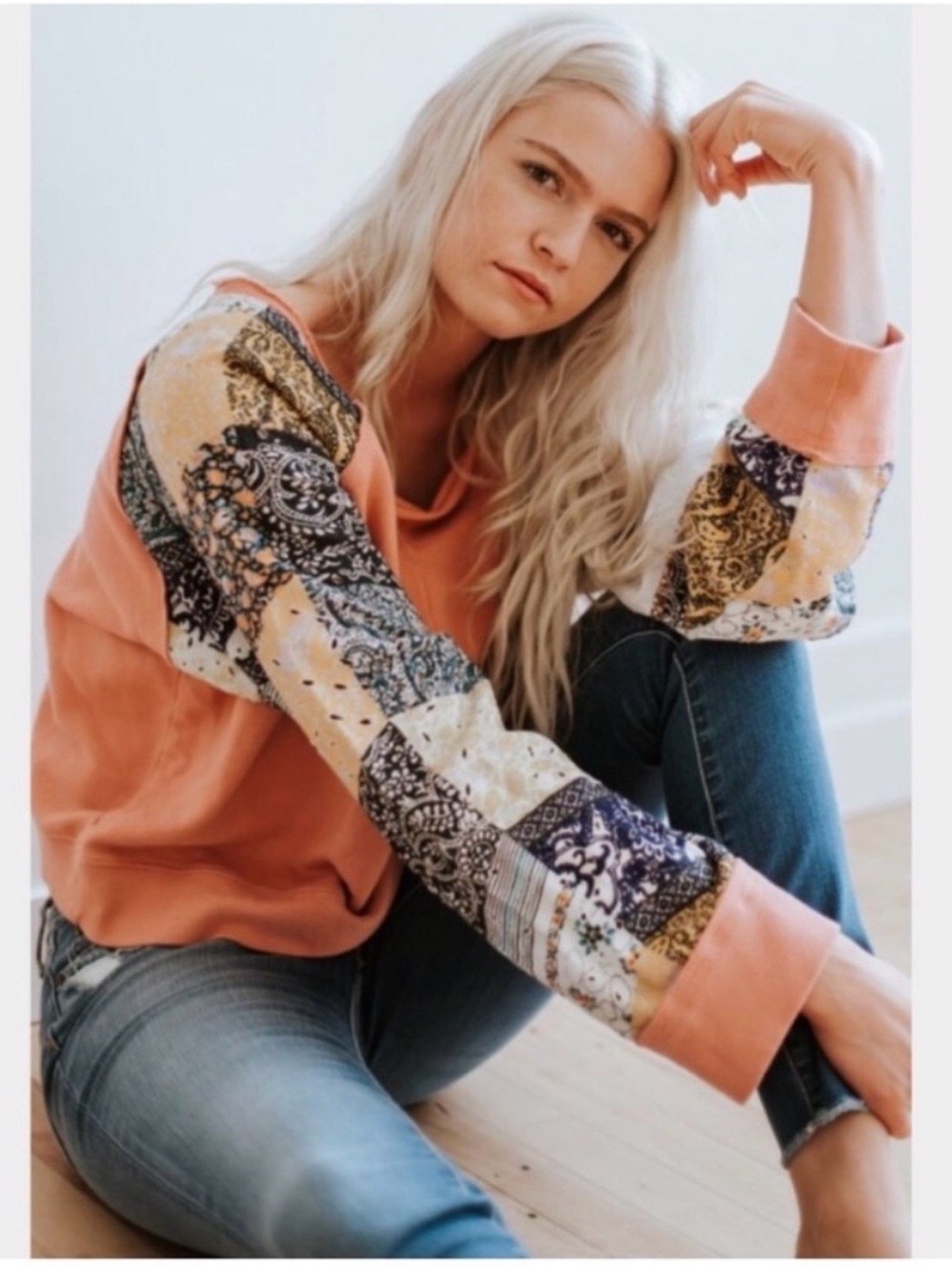 Free People Sun’s Out Patchwork Sleeve Pullover boho Top